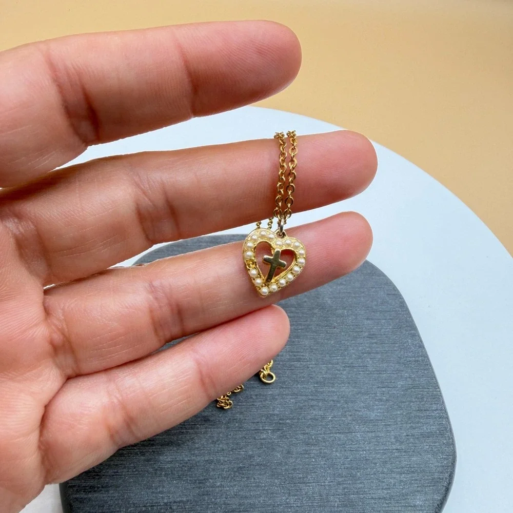 Gold Tone Faux Pearl Heart Cross Pendant Necklace Christian Faith Romantic Gift